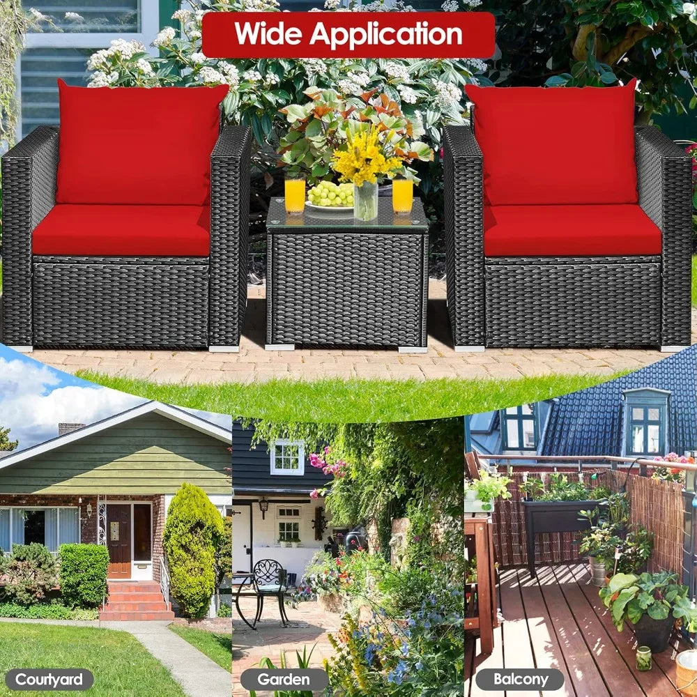 3 piece courtyard furniture rattan courtyard conversation set, with coffee table and cushion outdoor sofa set