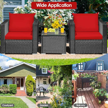 3 piece courtyard furniture rattan courtyard conversation set, with coffee table and cushion outdoor sofa set