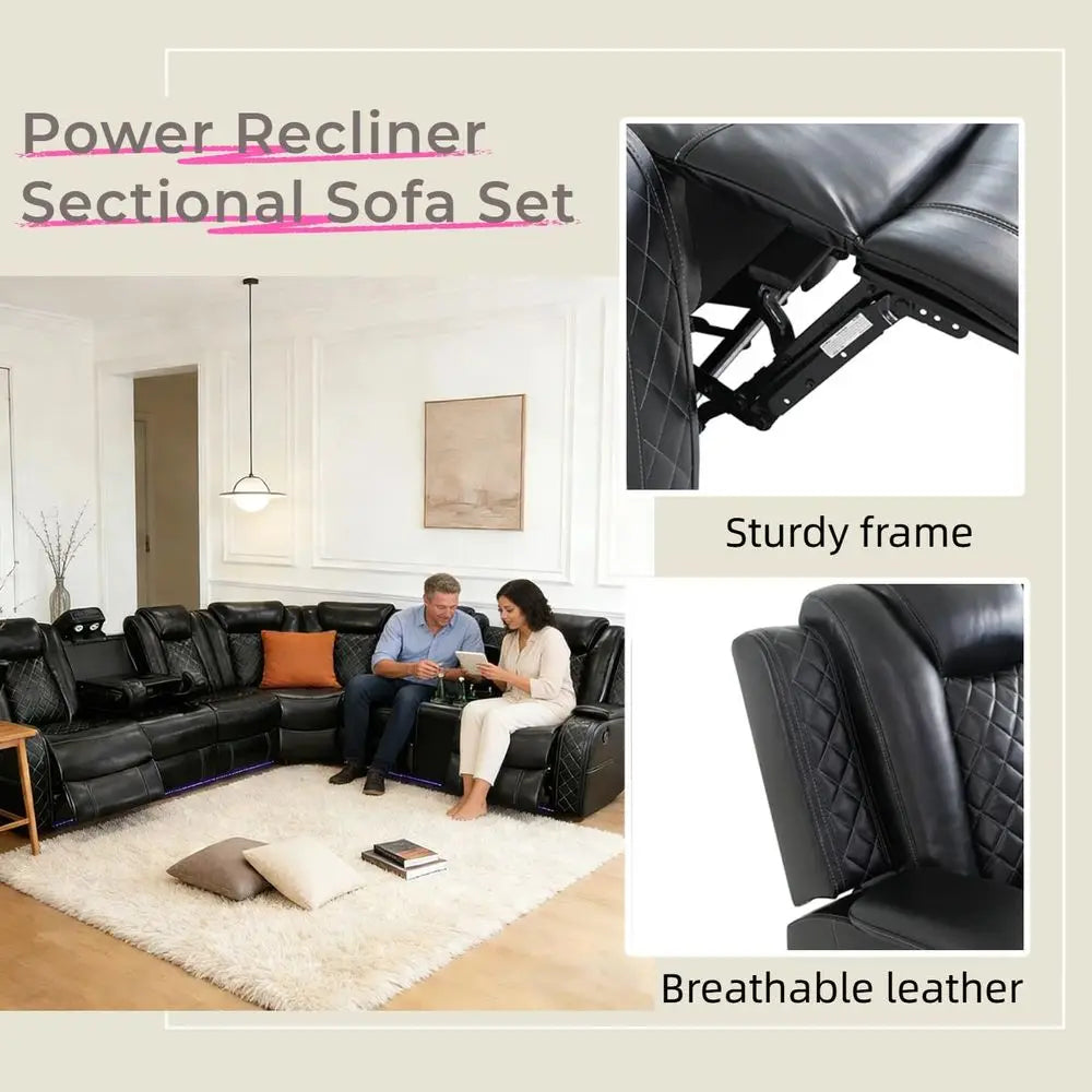 Breathing Leather Reclining Soa Set,Power Recliner Sectional Couch with LED Light,ern Living Room urniture Set,Reclining Section