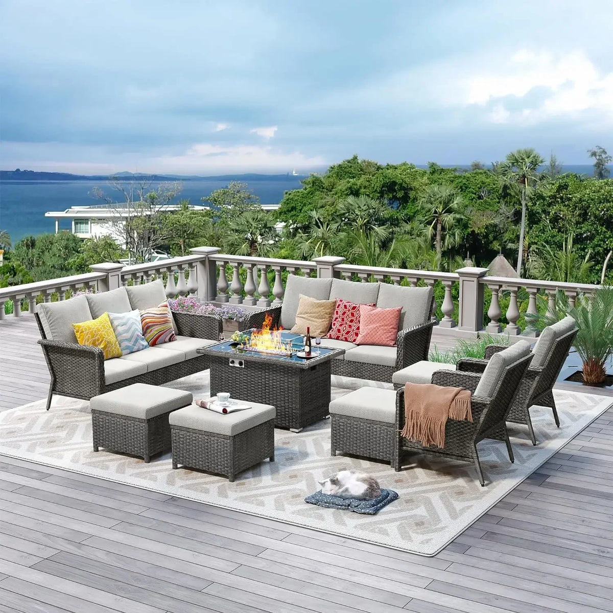 Rattan Outdoor Furniture Set, 6-piece Outdoor Deep-seated Leisure Set, Including Brazier Table and Footstool