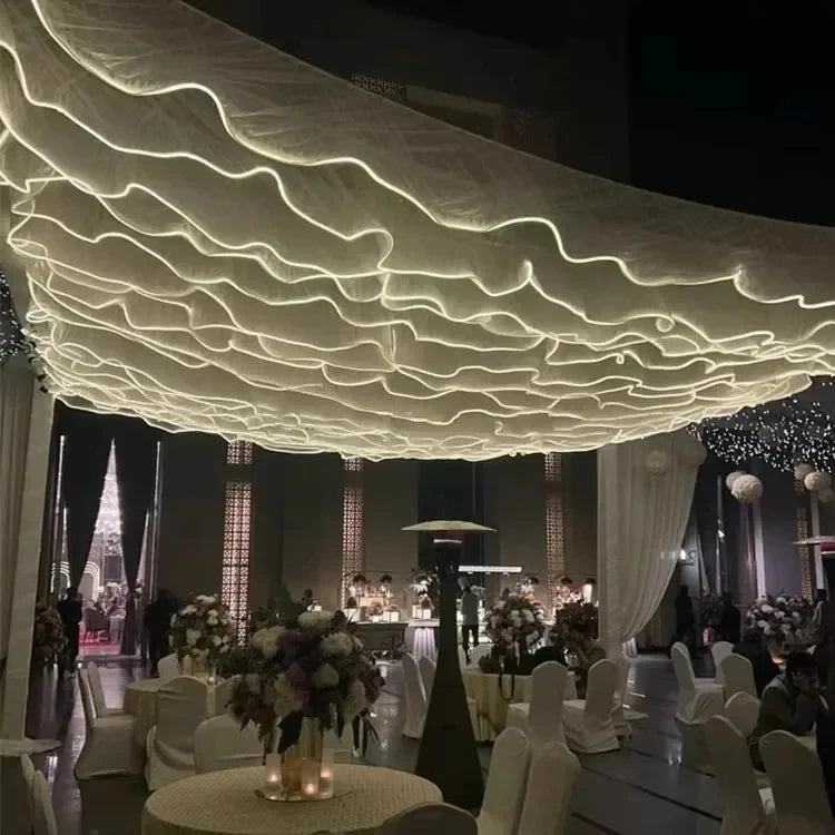 Glowing Curtain for Wedding Ceiling Decor, White Wave Tulle Fabric with Lights, Romantic Party Christmas Event Decoration