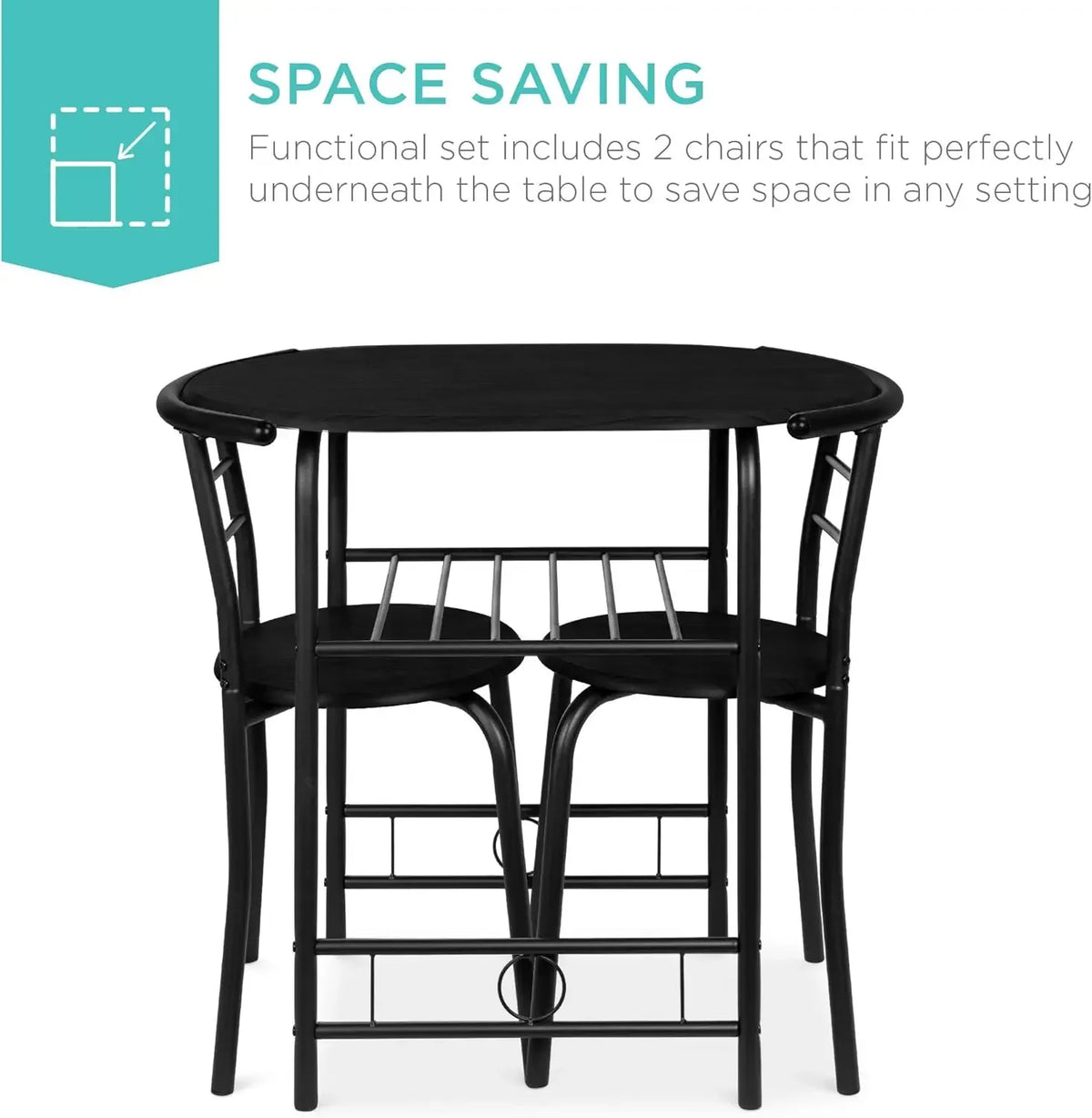 NICE 3-Piece Wooden Round Table & Chair Set for Kitchen, Dining Room, Compact Space w/Steel Frame, Built-in Wine Rack - Black