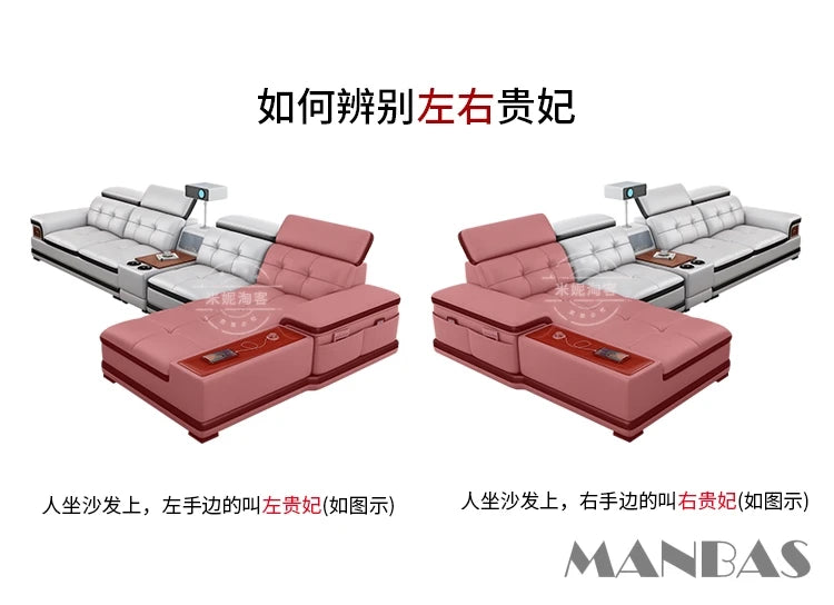 Linlamlim Luxury Genuine Leather Sectional Sofa with Adjustable Headrests, Projector, Speaker and Storage for Living Room Couch