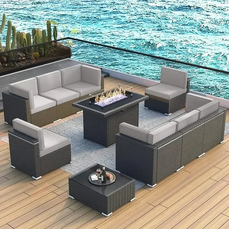 PatioLix 8 Piece Patio Furniture with 44"Propane Gas Fire Pit Table. Outdoor Sectional Conversation Set Wicker Rattan Sofa