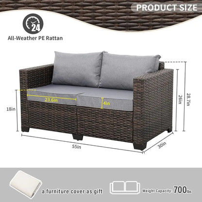 Patio PE Wicker Couch Furniture Loveseat Outdoor Brown Rattan Sofa with Washable Cushions (Grey)