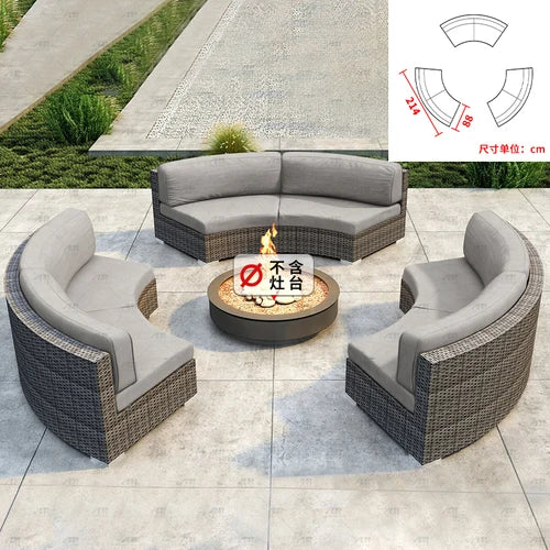 Sofa, courtyard, garden, leisure, outdoor living room, semi circular curved rattan chair, terrace, outdoor furniture combination