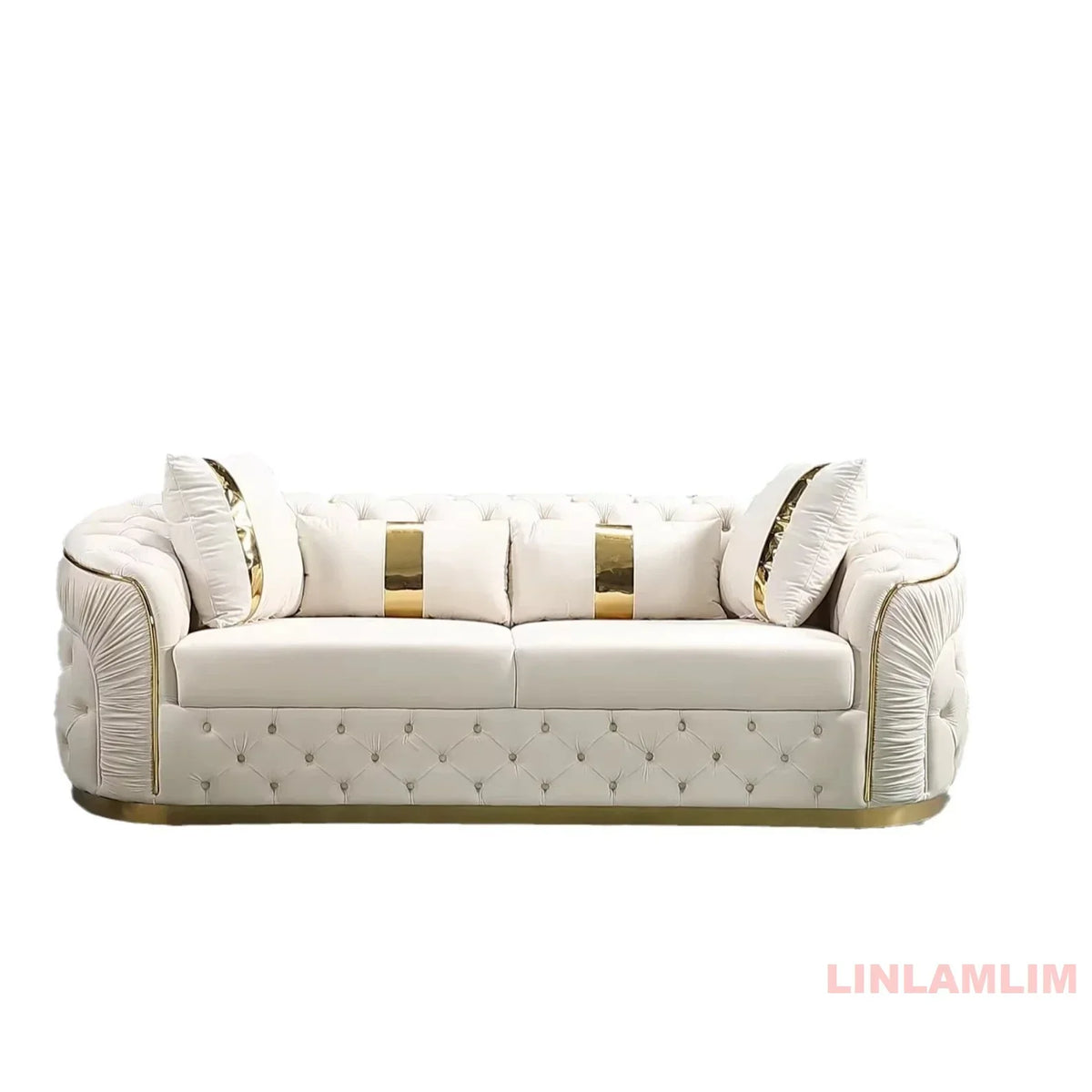 Luxury Chesterfield Sectional Sofa Set With Cloth Buttons And Fabric Modular Couch With Gold Stainless Steel Base, 3-seater