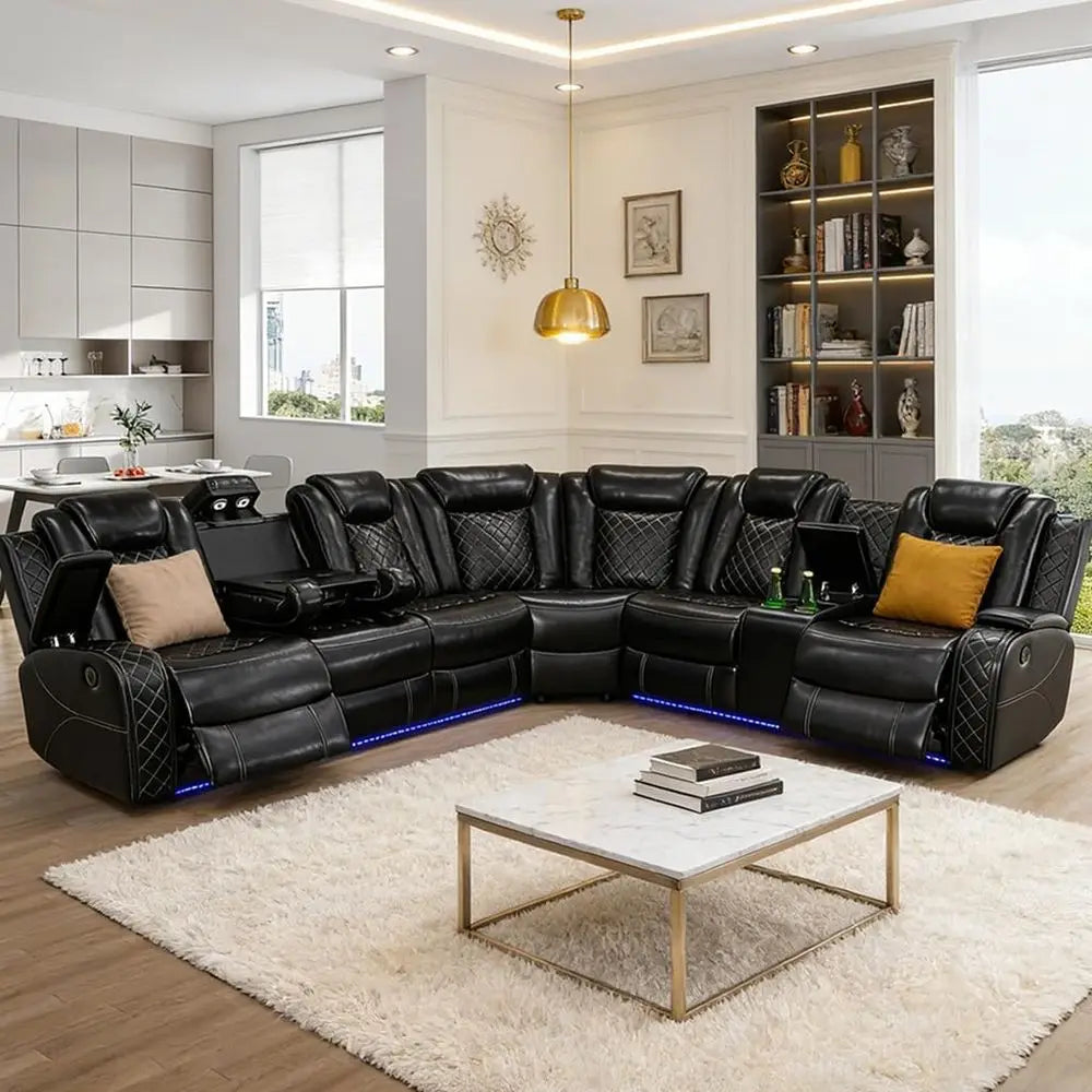 Breathing Leather Reclining Soa Set,Power Recliner Sectional Couch with LED Light,ern Living Room urniture Set,Reclining Section