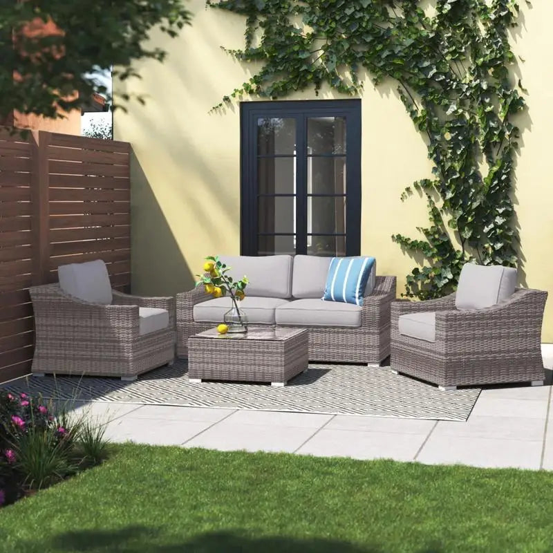4-Seater Wicker Conversation Set with Cushions – Weatherproof & Fully Assembled Outdoor Furniture