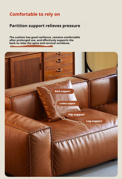 French Vintage Three-Person Genuine Leather Sofa Set in Ancient Caramel Tone for Small Living Rooms or Apartments