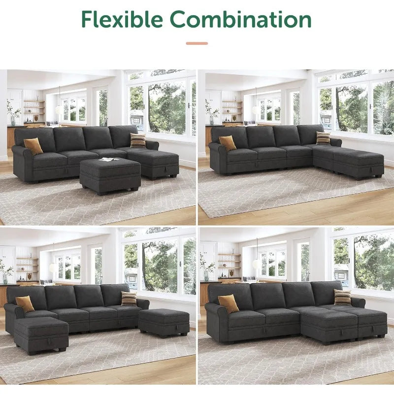 Storage Sectional Sofa with Reversible Chaise, U-Shaped Living Room Couch Dark Grey
