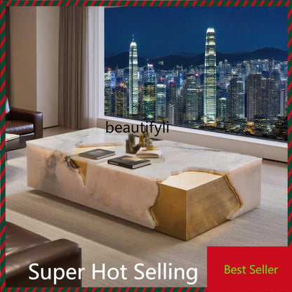 B132 Rectangle jade luxury stone coffee table living room square modern design large flat layer luxury stone coffee table