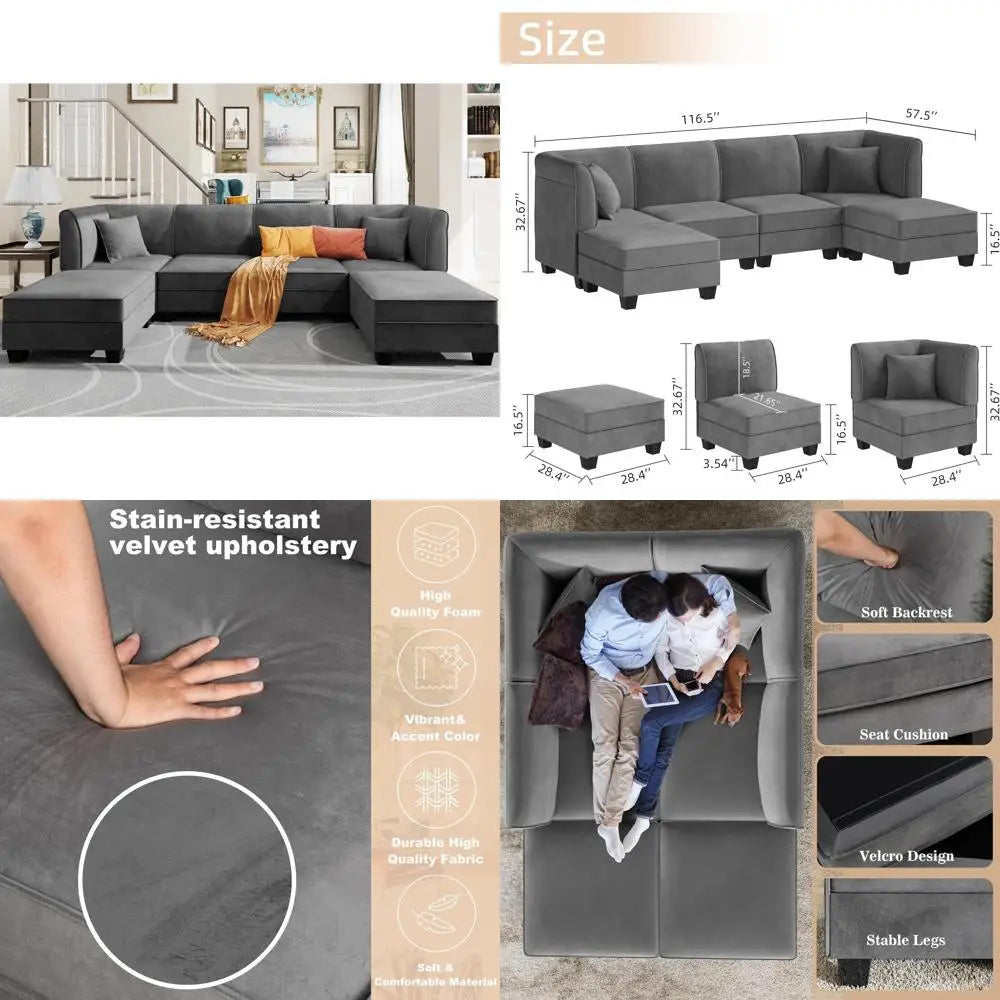 u-shaped velvet sectional sofa with reversible chaise for 6 people, 116