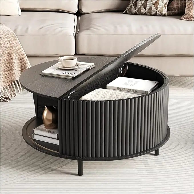 Round Coffee Table with Storage,Fluted Center Table with Sliding Cabinet Door for Living Room,Home Small Space