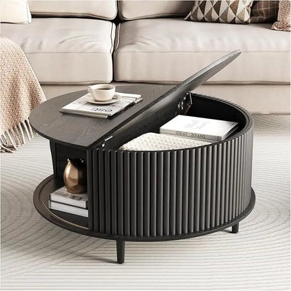 Round Coffee Table with Storage,Fluted Center Table with Sliding Cabinet Door for Living Room,Home Small Space