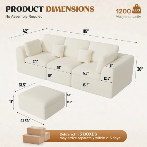 115" Cloud Boneless Sectional Couch for Living Room, Convertible L-Shape Couch with Ottoman, 3 Seater Modular Sofa,Beige