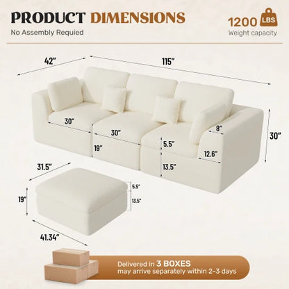 115" Cloud Boneless Sectional Couch for Living Room, Convertible L-Shape Couch with Ottoman, 3 Seater Modular Sofa,Beige