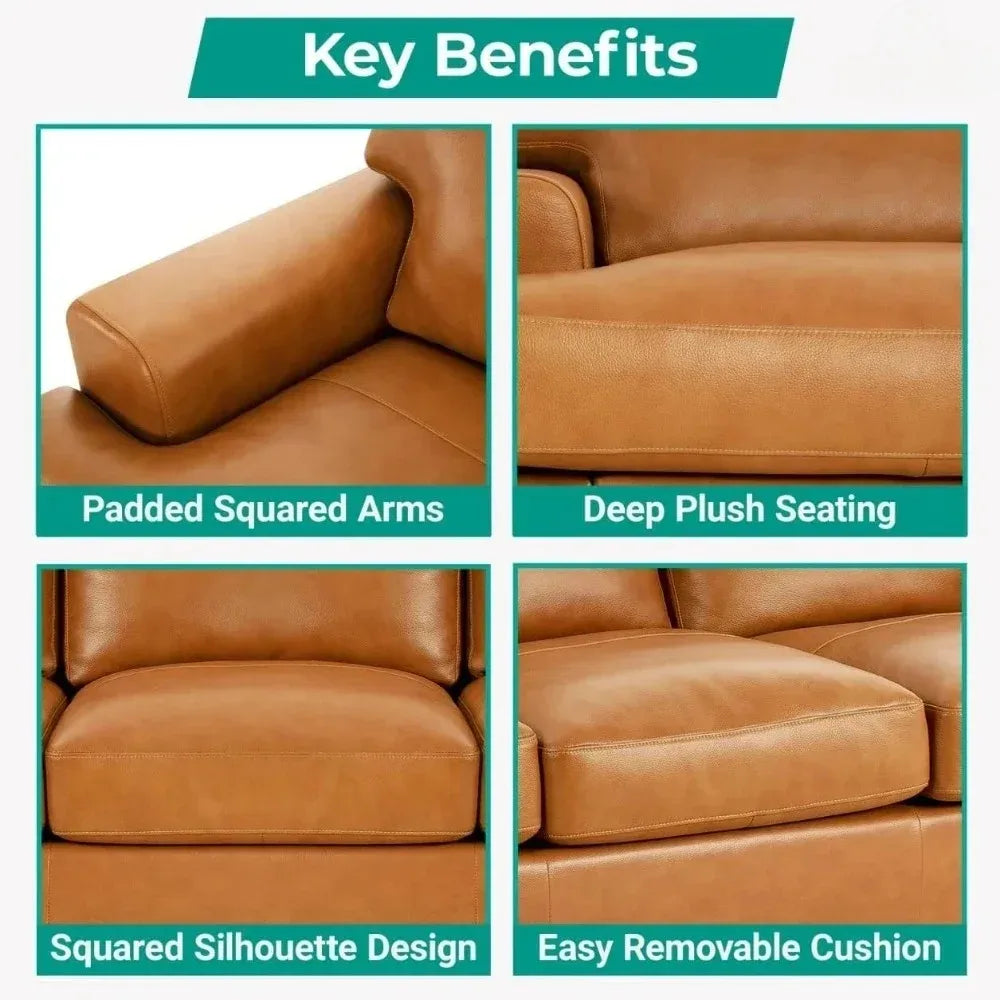 Genuine Leather Sofa - Luxurious Comfort, Goose Feather Cushion Filling, Square Arm Design, Sturdy Block Legs,