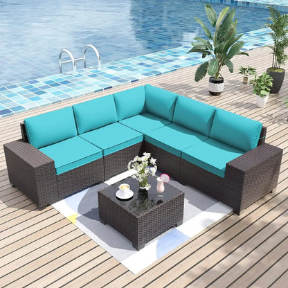 A Sectional Sofa Outdoor Furniture All Weather Brown PE Rattan Patio Conversation w/5 Seat Cushions