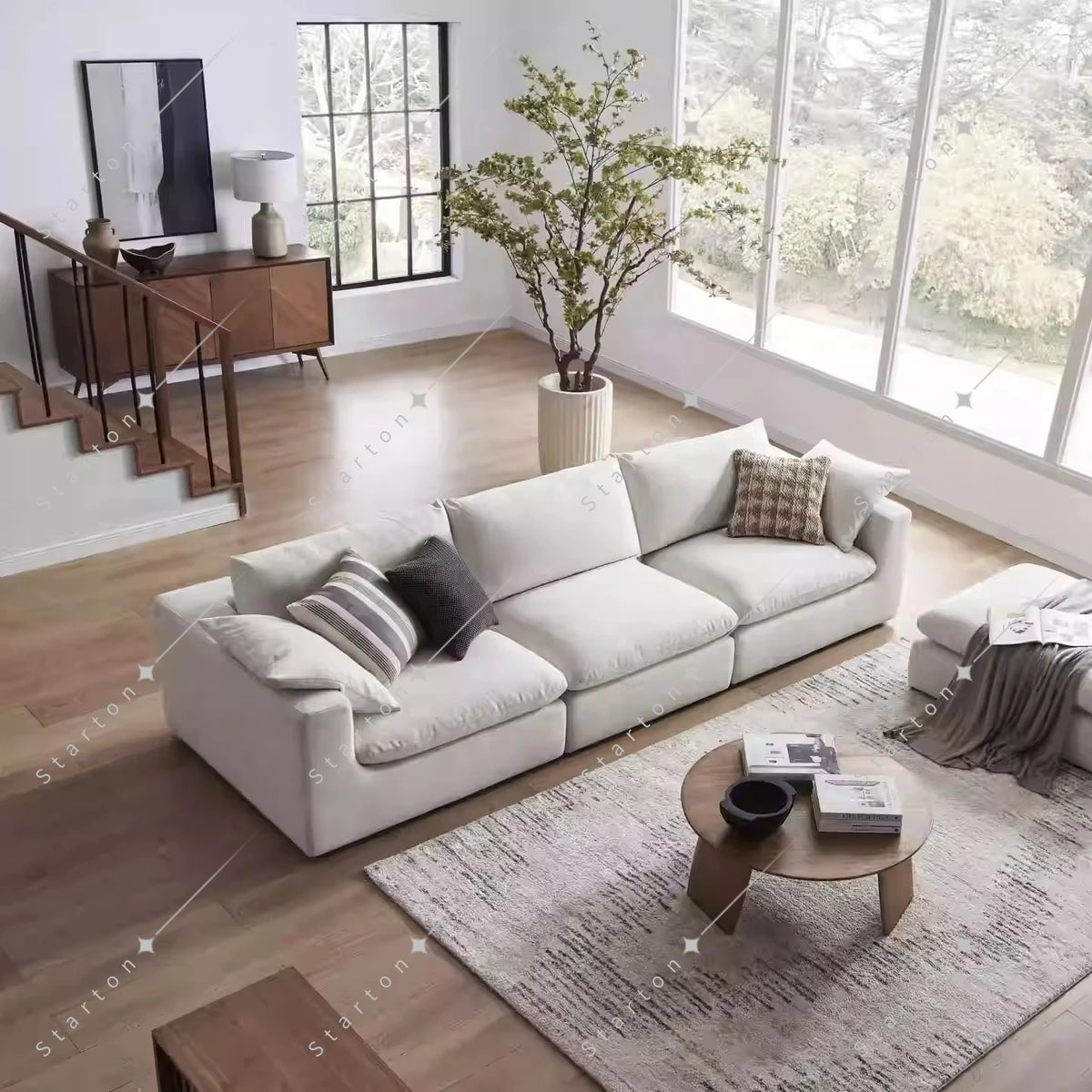 Nordic Cream White Linen Fabric Living Room Couch Sectional Cloud Sofa Modern Simple L Shaped Modular Corner Sofa Set Furniture
