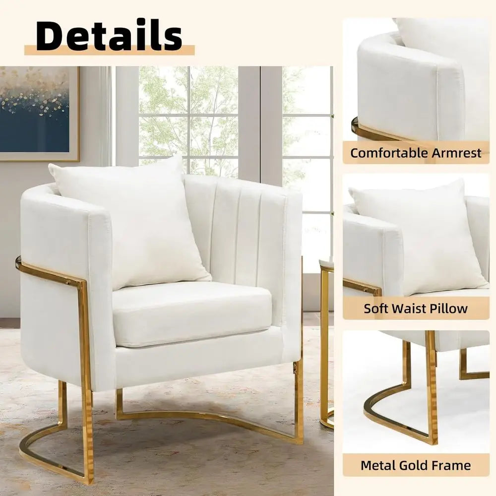 Mid-Century Velvet Accent Chair with Barrel Arms, Upholstered for Comfort, Gold Legs, White for Living/Bedroom，Customized