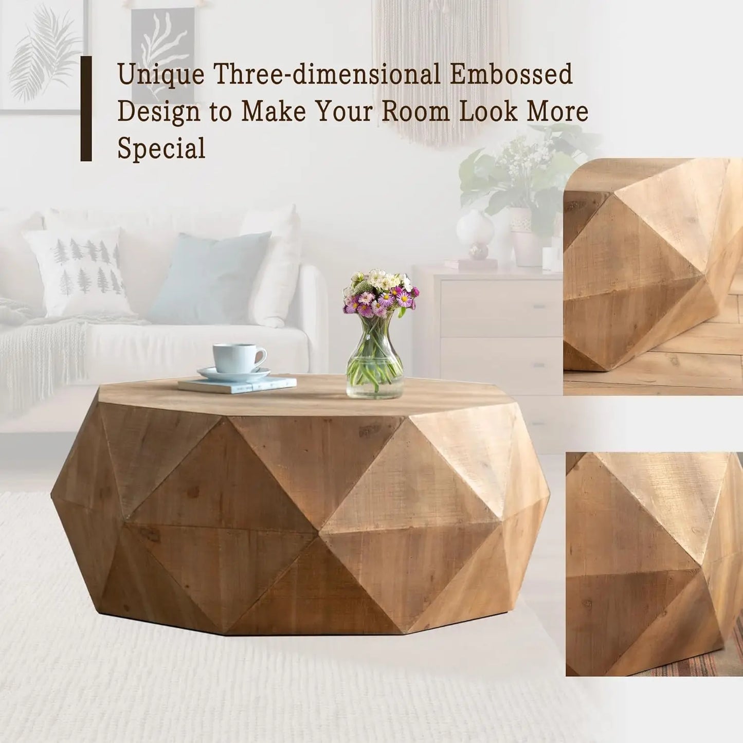 38" Modern Farmhouse Coffee Table, Drum Coffee Table for Office, Dining Room and Living Room, Nature, Customized