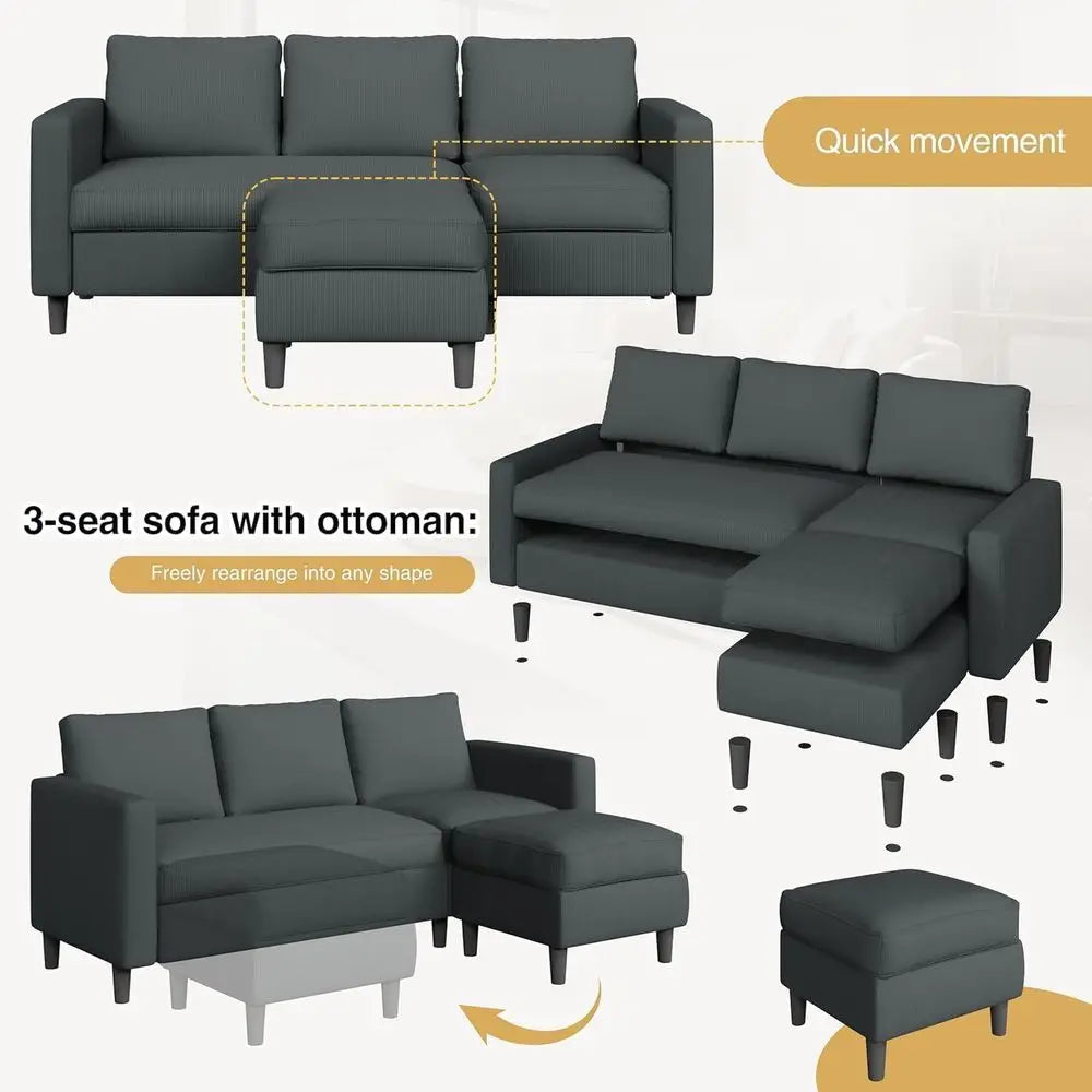 3-Seat Reversible L-Shaped Sectional Sofa with Ottoman