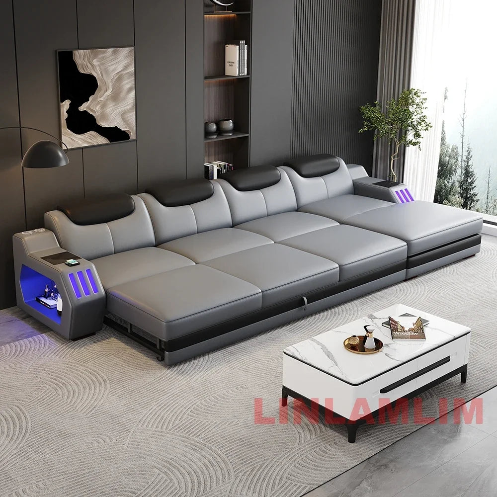 NEW Modern L-Shaped Sectional Sofa Bed with Adjustable Headrests & LED Lights, Genuine Leather Recliner Couch with Storage & USB