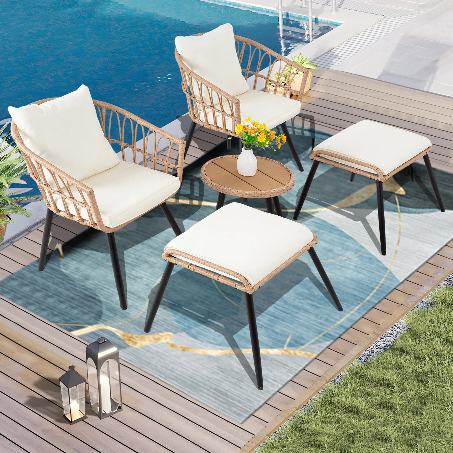 5 Piece Patio Furniture Set, Outdoor Wicker Small Conversation Bistro Set, All-Weather PE Rattan Chairs with Ottoman & Coffee Ta