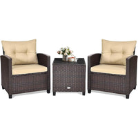 3 Piece Patio Furniture Set, Outdoor Conversation Set with Washable Cushions & Tempered Glass Tabletop, PE Rattan Wicker Bistro