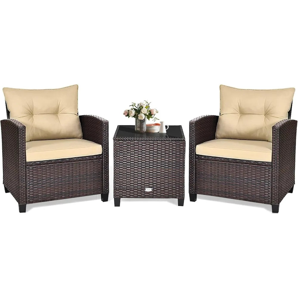 3 Piece Patio Furniture Set, Outdoor Conversation Set with Washable Cushions & Tempered Glass Tabletop, PE Rattan Wicker Bistro