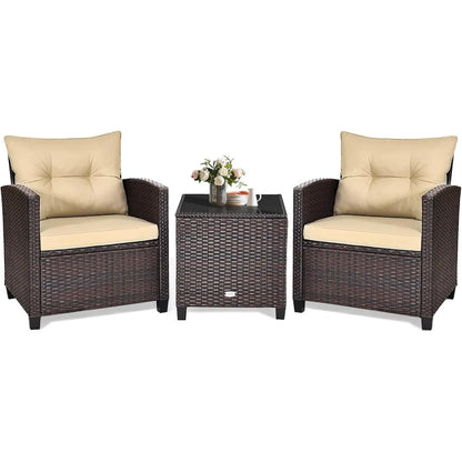 3 Piece Patio Furniture Set, Outdoor Conversation Set with Washable Cushions & Tempered Glass Tabletop, PE Rattan Wicker Bistro