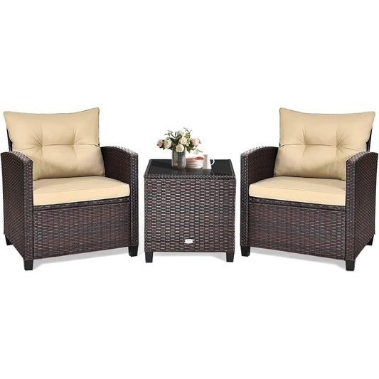 3 Piece Patio Furniture Set, Outdoor Conversation Set with Washable Cushions & Tempered Glass Tabletop, PE Rattan Wicker Bistro