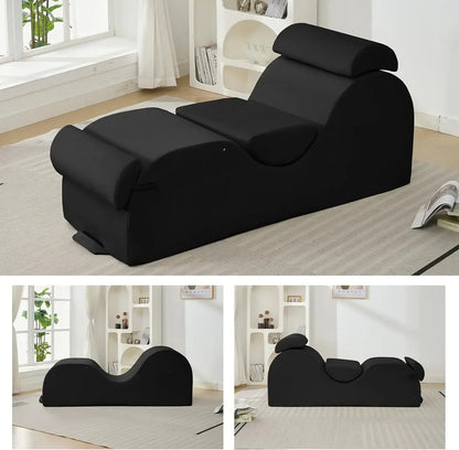 Sleek Chaise Lounge Chair for Exercise/Yoga, Indoor Lounger with Headrest, Waist Cushion, Movable Footrest, Side Pockets, Non-Sl