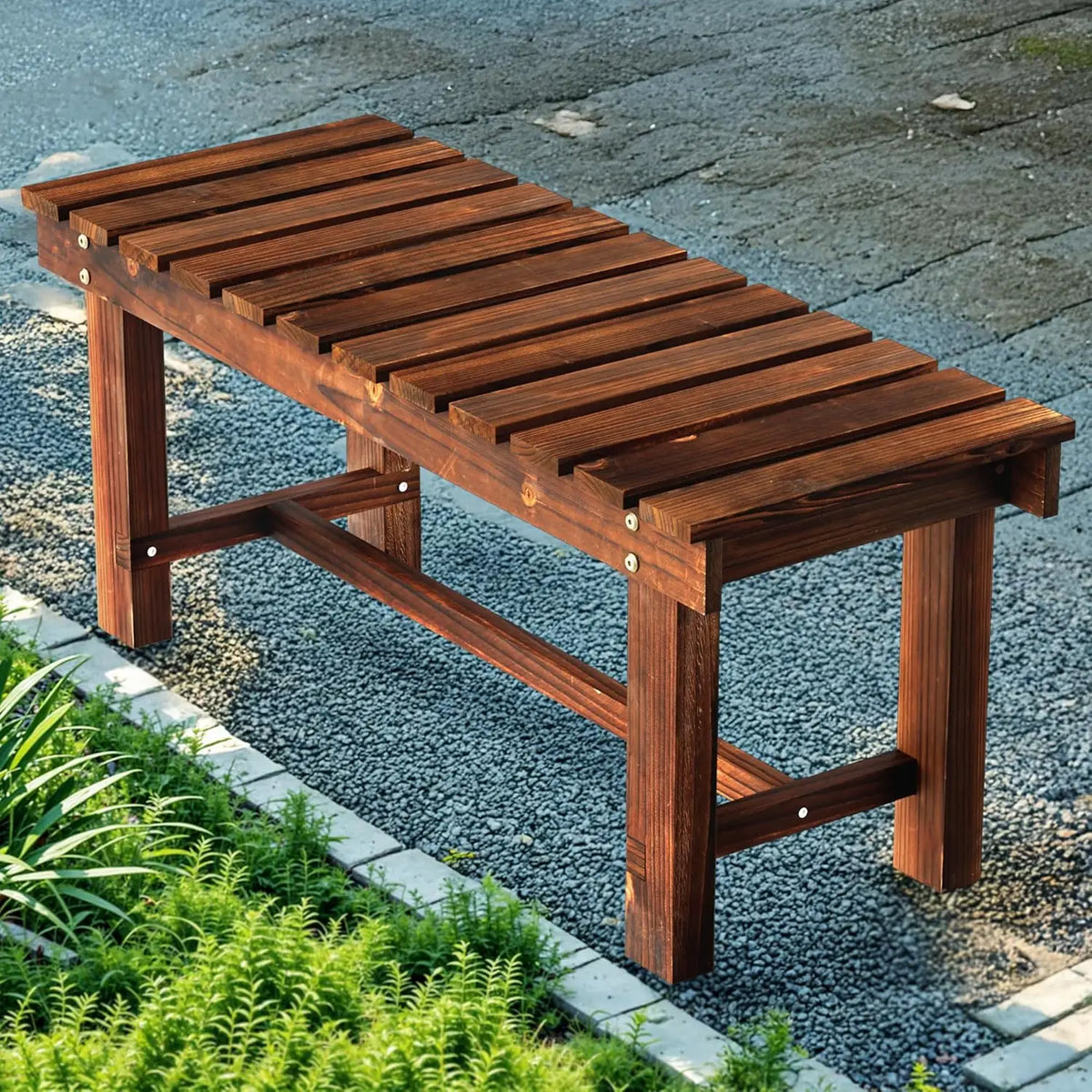 Outdoor Garden Bench, Weatherproof Patio Benches 2Person Seat Backless Wooden Porch Bench, Multifunctional Slat All Weather Ben