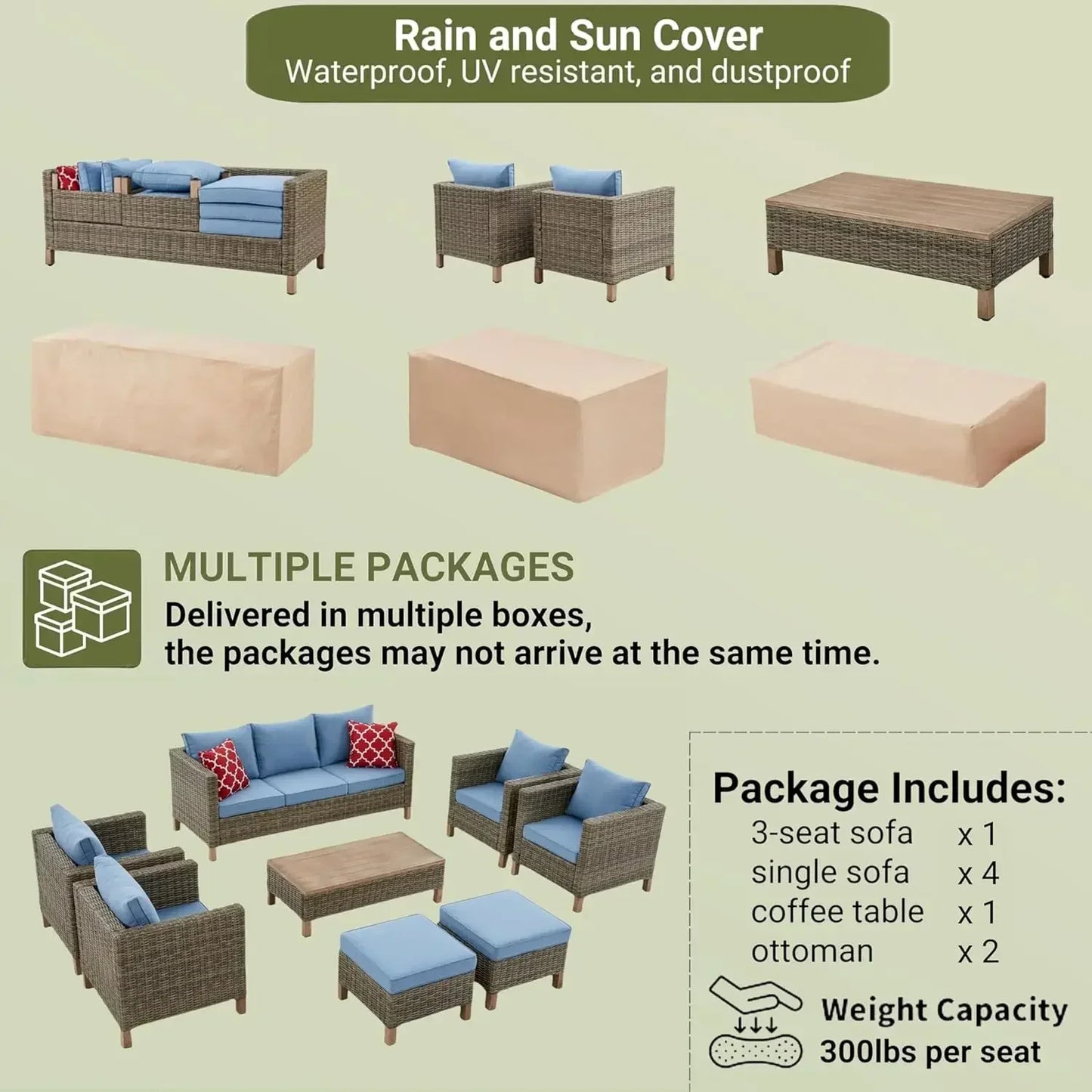 8 Pieces Patio Furniture Sets with Metal Top Coffee Table,All Weather Wicker Rattan Sectional Sofa