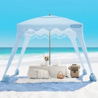 Beach Cabana with Fringes Portable 6' x 6' Beach Canopy for Sand Easy Set Up Beach Shelter Included Side Wall UPF 50+ UV Protec