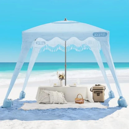 Beach Cabana with Fringes Portable 6' x 6' Beach Canopy for Sand Easy Set Up Beach Shelter Included Side Wall UPF 50+ UV Protec