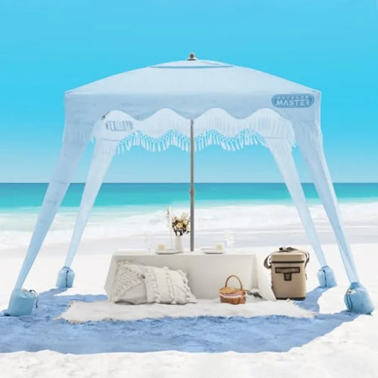 Beach Cabana with Fringes Portable 6' x 6' Beach Canopy for Sand Easy Set Up Beach Shelter Included Side Wall UPF 50+ UV Protec