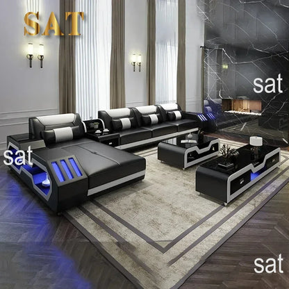 Modern LED Lighted Sofa Set with Recliner, Adjustable Headrest & Console | Luxury Leather Sectional Couch | Futuristic Furniture