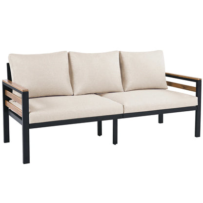 GO 4-Piece Outdoor Furniture Sofa Set for 5 People with Acacia Wood Armrests Patio Conversation Set with Removable Cushion