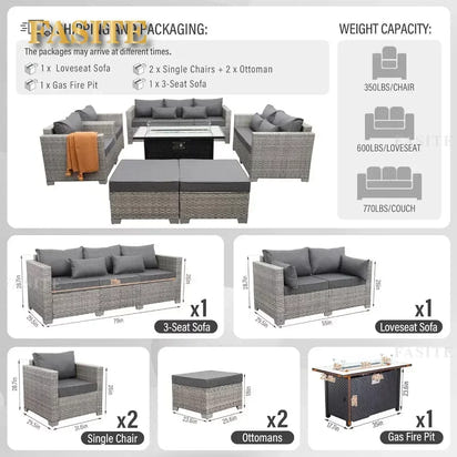 Garden Furniture Set 7 Piece, Patio Couch Sets Chair, PE Rattan Sectional with 45