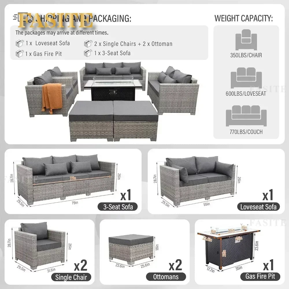 Garden Furniture Set 7 Piece, Patio Couch Sets Chair, PE Rattan Sectional with 45" Fire Pit Table, Garden Furniture Set