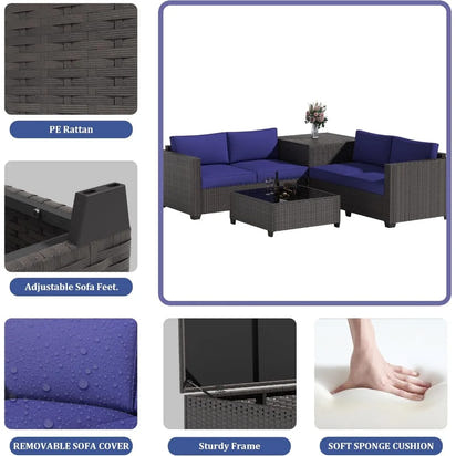 6 Piece Wicker Patio Furniture Set, Sectional Sofa with Glass Coffee Table & Large Storage Box, Loveseat Couch, Outdoor