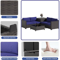 6 Piece Wicker Patio Furniture Set, Sectional Sofa with Glass Coffee Table & Large Storage Box, Loveseat Couch, Outdoor