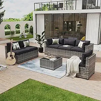 8 Piece Patio Furniture Set with 44” Fire Pit Table Wicker Rattan Outdoor Sectional Sofa Set with Coffee Table and Thickened Cu