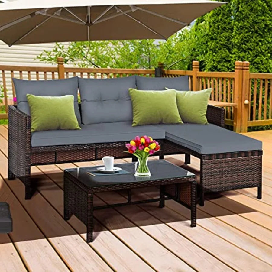 Patio Corner Sofa Set 3-Piece Outdoor Conversation Furniture in Grey with Lounge Chair Double Chair and Coffee Table fo