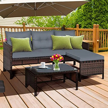 Patio Corner Sofa Set 3-Piece Outdoor Conversation Furniture in Grey with Lounge Chair Double Chair and Coffee Table fo
