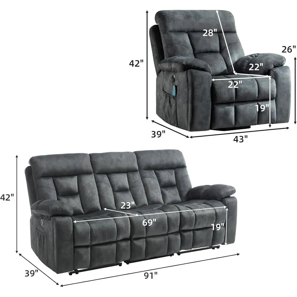 2 Piece Reclining Living Room Set, Sot abric Recliner Soa urniture Set, Included Power Lit Recliner Chair with Massage and Heat