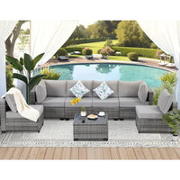 7 Pieces Outdoor Patio Furniture Set, Wicker Sectional Sofa Set Rattan Modular Patio Conversation Sets with Cushions Couch Set &